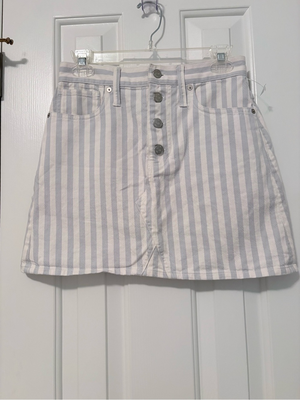 Madewell Vertical Stripe Button-Front A-Line Mini Skirt in White and Light Blue